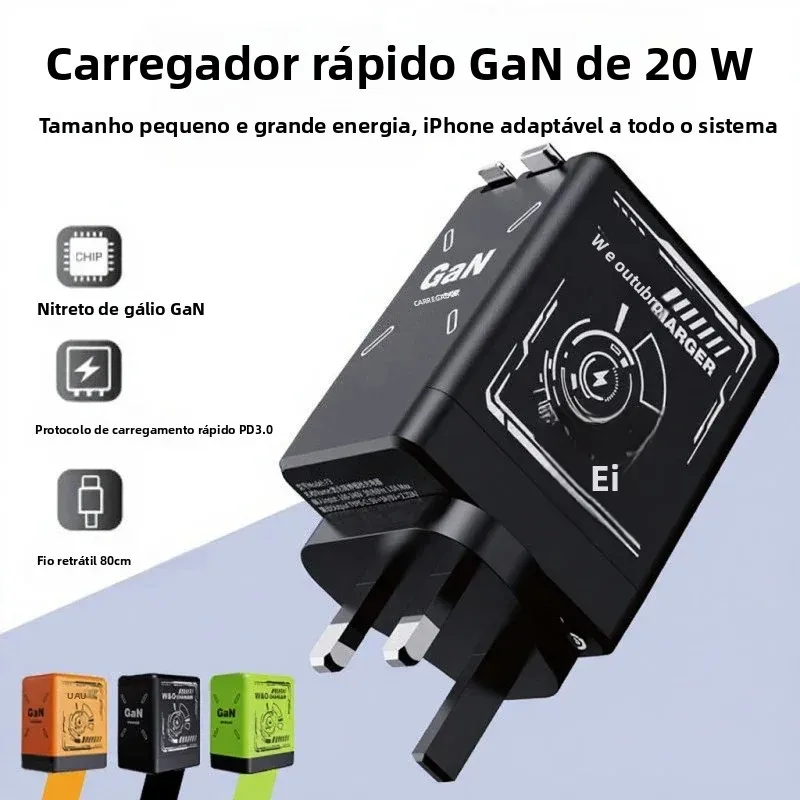 20w-gan急速充電器、80cm巻き取り式ケーブル付き、iphone、android、その他の携帯電話に対応したポータブル多機能折りたたみ式充電器