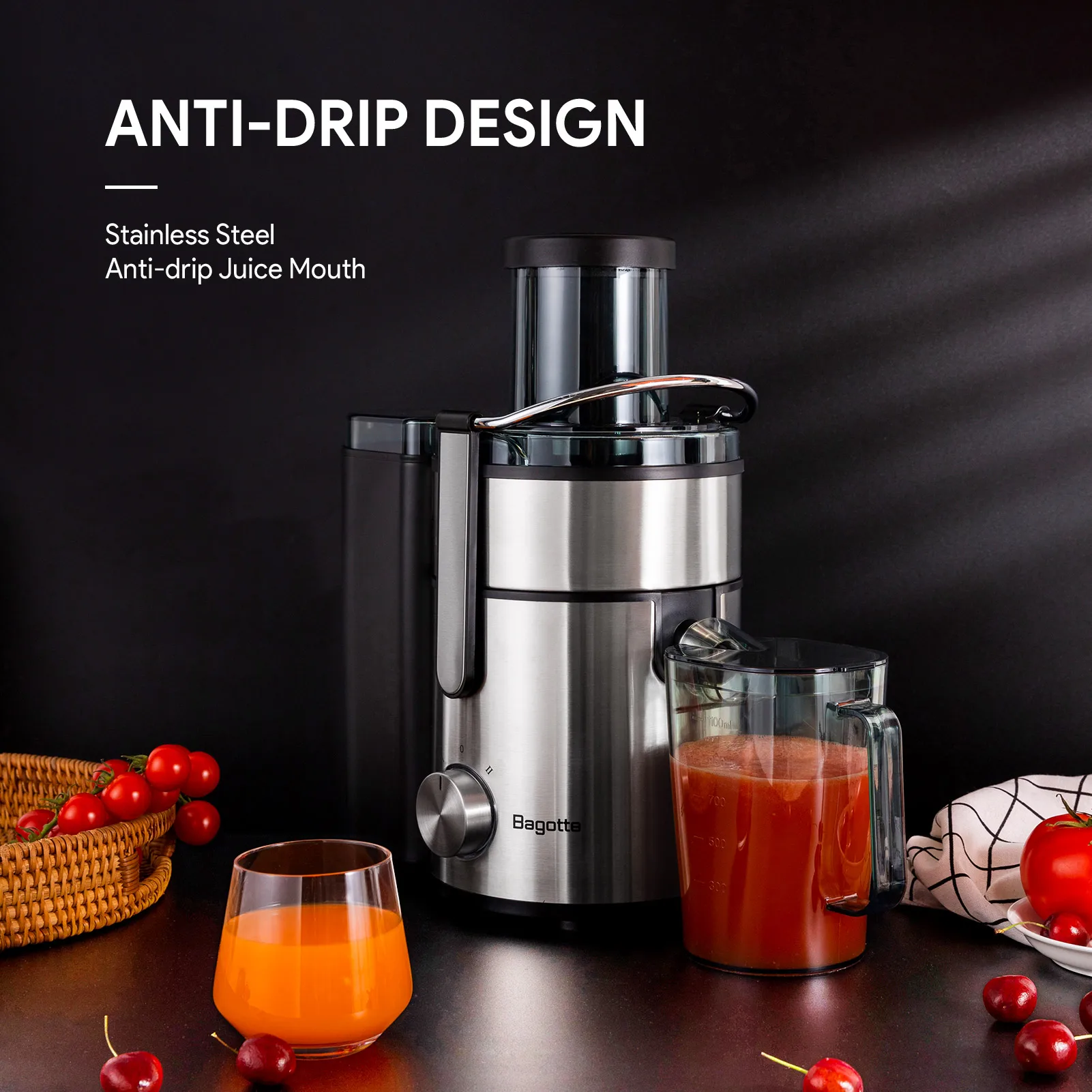 Bagotte Automatic Juicer Electric Citrus Juicer Big Mouth Masticating Juicer Cold Press Slow Juice