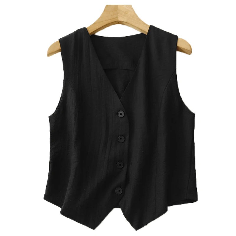 Retro linnen pakvest dames zomer losse svel open vest dunne katoenen linnen oulder pad bovenkleding top