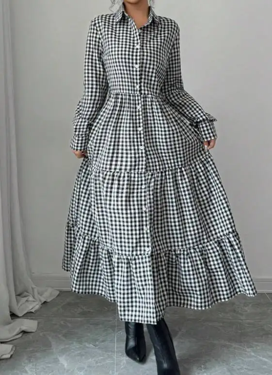 

Женское осеннее темпераментное платье-рубашка в клетку с длинным рукавом и многоуровневой юбкой, повседневное модное платье-кардиган