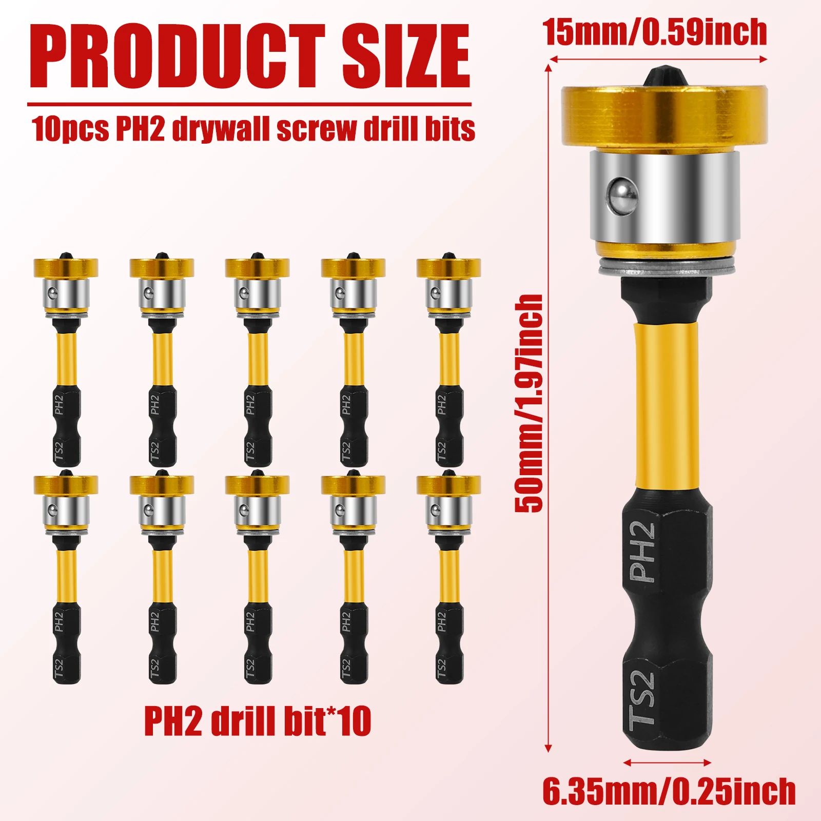 10 Pcs Drywall Screw Setter with 1/4" Hex Shank Magnetic Positioning Screwdriver Bit with Depth Stop 50mm PH2 Drywall Screw Bit