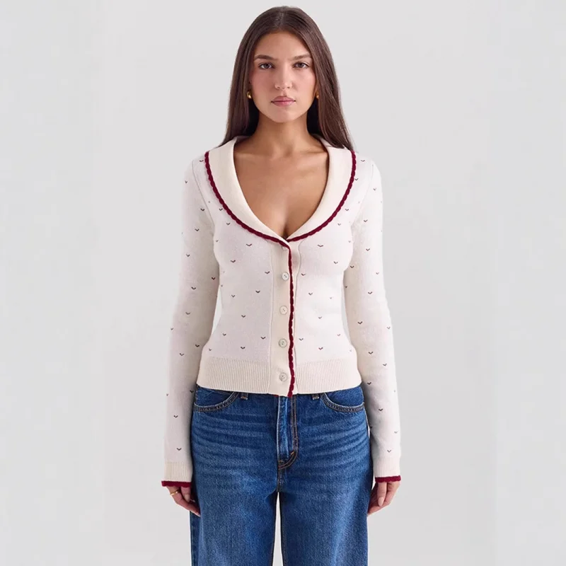 

French Retro Sweet Color-Block Doll Collar Knitted Cardigan Jacket Top