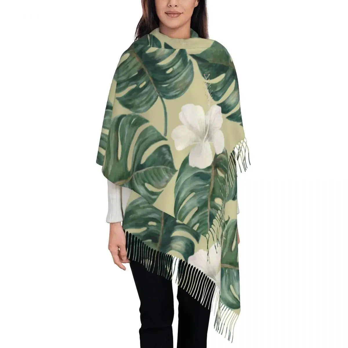 

Watercolor Palm And Deliciosa Leaves Hibiscus Women's Pashmina Shawl Wraps Fringe Scarf Long Large