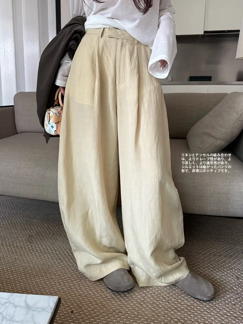 

Summer Ladies High Waist Straight Leg Pants Korean Style Commute Heavy Work Linen Loose Fit Thin Wide Leg Pants