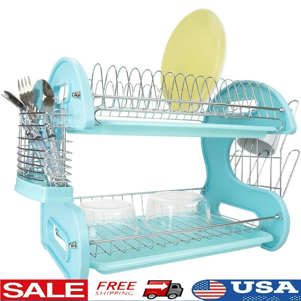 

2 Tier Dish Drainer Rack Kitchen Counter Drying Rack with Cutlery Holder Cup Slots Compact Waterproof Storage Solution