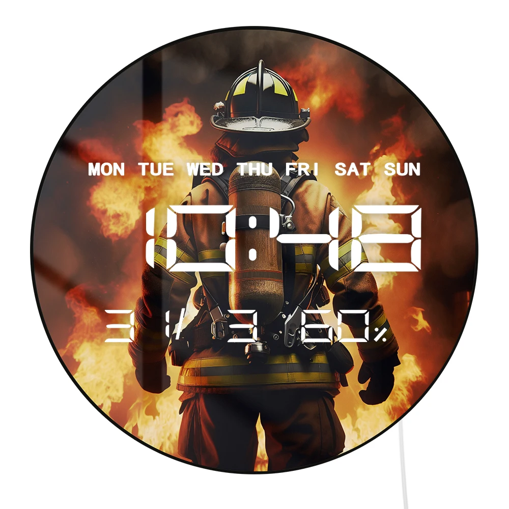 Fire Fighter Fire Fighting LED Digital Wall Clock Multifunctional 12/24hour Electronic Wall Clock with Calendar Date Temperature