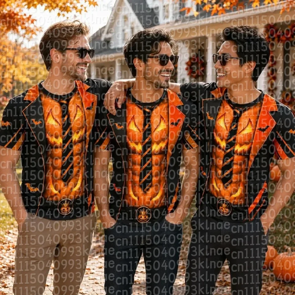 Funny Halloween Family Matching Outfits Fake Muscle Abs T-Shirt 3D Spooky Pumpkin Suit Tie Print Holiday Party Clothes Y2K