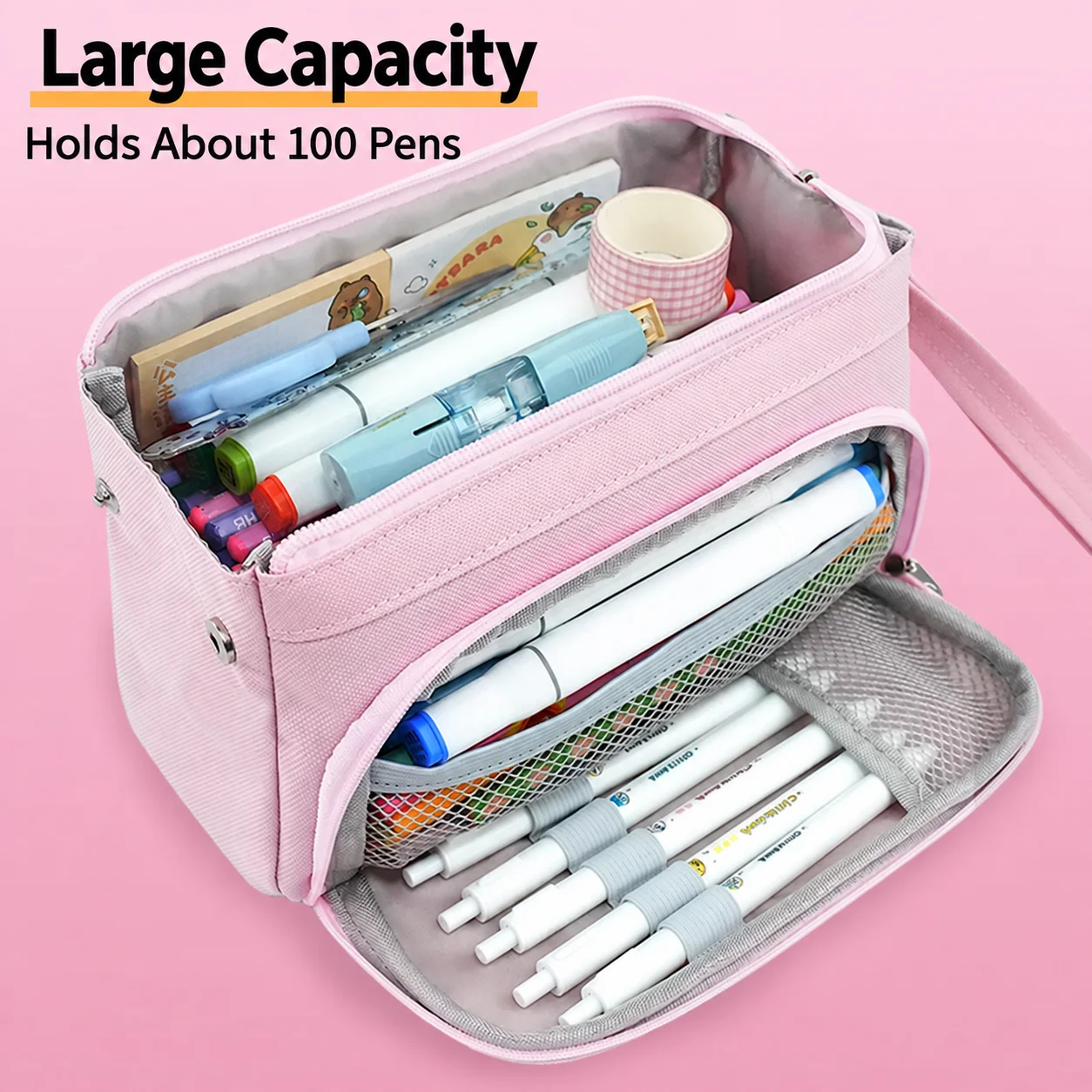 Large Capacity Pencil Case Multi-Compartment Double Layer Pen Bag with Mesh Pocket Wrist Strap Portable Stationery Organizer for