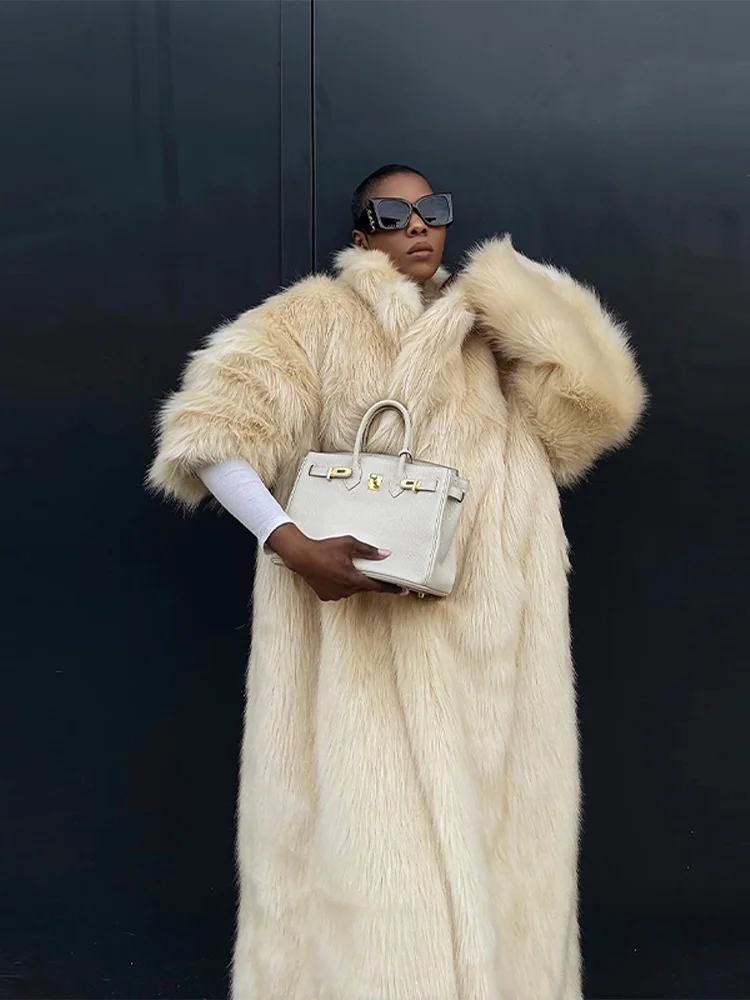 

Yellow Long Faux Fur Coats Women Autumn Winter Large Jacket Overcoat Turn Down Collar Pockets Thick Coat Warm Jackets Maxi Coats