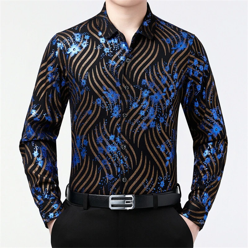 Bronzing Luxury Chinese Style Shirts For Men Long Sleeved Casual Spring New Quality Velvet Smooth Comfortable Slim Chemise Homme