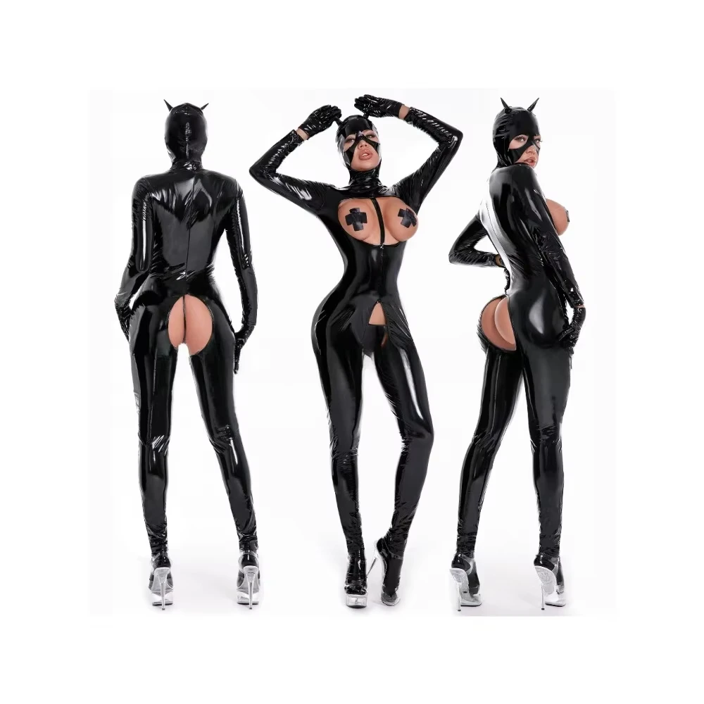 Glossy patent leather PU leather mirror sex underwear women, zipper over the crotch nightclub cat girl one-piece leather jacket