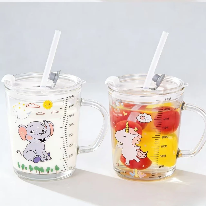 

Cute Cartoon Glass Straw Mug with Handle for Kids High-Temp Resistant Water Milk Cup with Scale Children' Cups