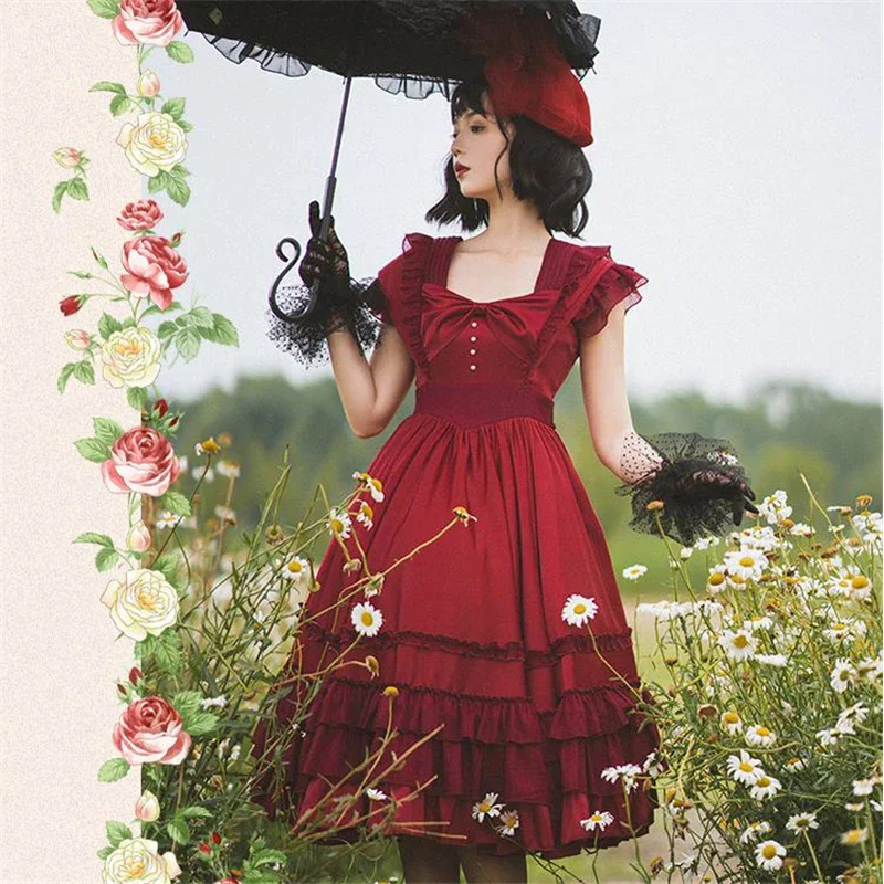 Rose Dancer-Palace Elegant Princess Girl Lolita Dress Beige and Red Sweet OP Woman Dresses