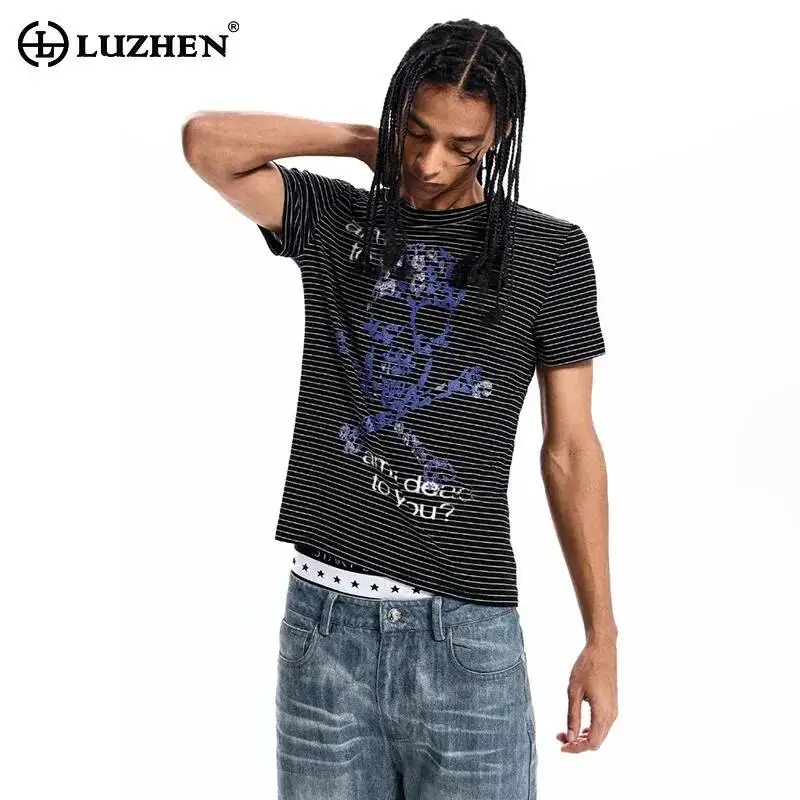 LUZHEN 2026 Summer Fashion Stripe Printed Pattern Short Sleeve T-shirts Men's Handsome Slim Fit Casual Male Tops Clothes JY7508