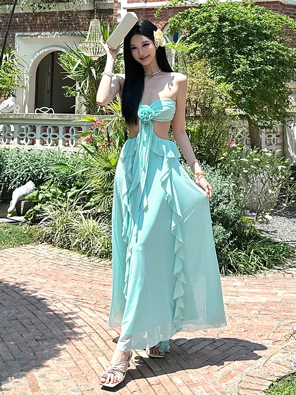 Ele Long Dr Sexy  Waist Floral Decoration Hanging Ne Girl's Dr WEIRD PUSS Brand Polyester Spandex Summer D...