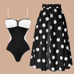 2024 Women Swimwear Black and White Bow Decor One Piece Swimsuit and Skirt Beachwear bikini Two piece Bathing Suit