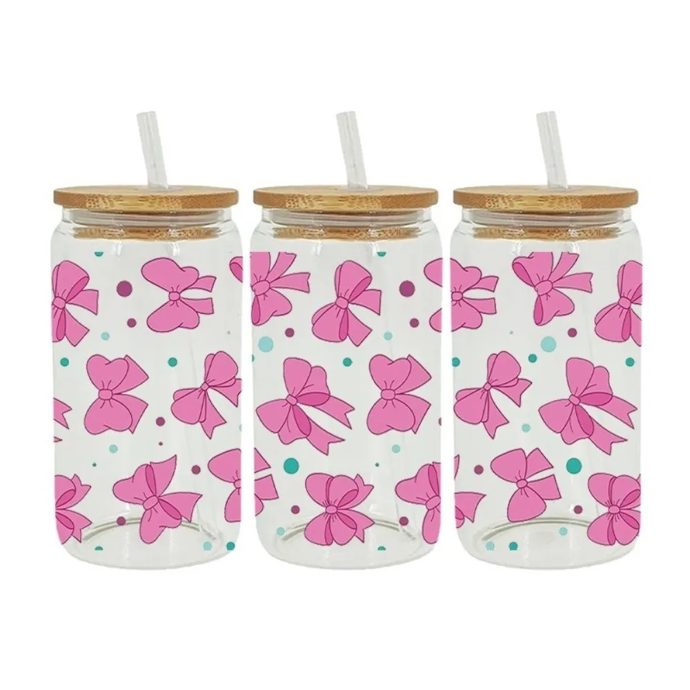 New Waterproof UV DTF Transfer Sticker Smooth Clear Pink Bow Decals DIY Water Bottles Sticke For 16Oz Glass Cup
