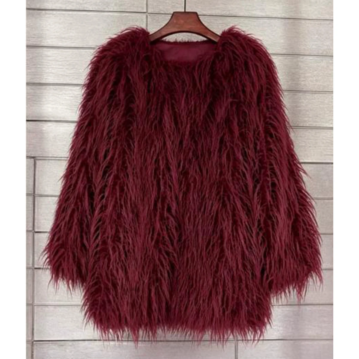 Women Burgundy Shaggy Faux Fur Coat Round Neck Long Fluffy Mongolian Fur Jacket American Style Winter Warm Loose Outerwear