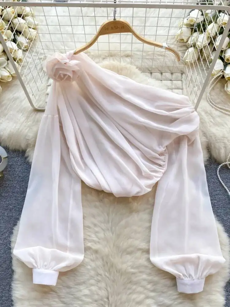 

Женская элегантная шифоновая рубашка, весенне-осенняя сексуальная тонкая шифоновая рубашка с открытыми плечами и французскими пышными рукавами, винтажные топы