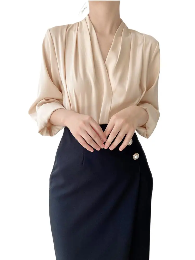 Satin Shirt Women's Spring Fashion Elegant cross V-neck Artificial silk blouse Tops Office Lady blouse plus size 5XL 6XL