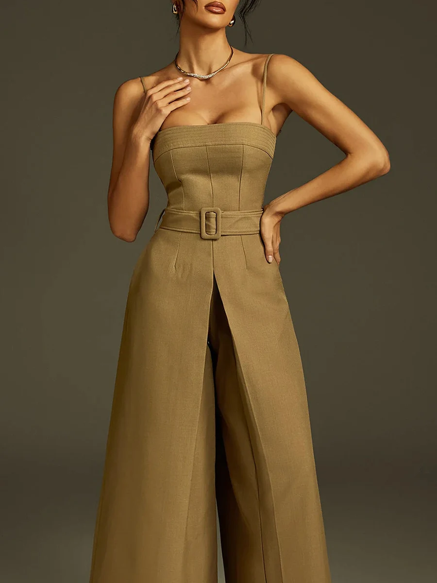 VGH 우아한 솔리드 슬리밍 점프 슈트 여성용 스퀘어 칼라 민소매 하이 웨이스트 스플라이스 벨트 캐주얼 통근 점프 슈트 여성