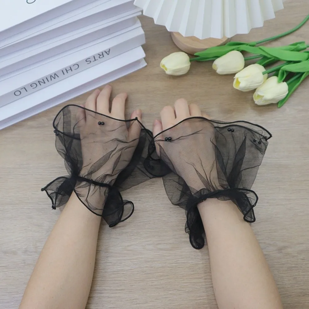 1Pair Elegant Lace Mesh Wedding Cuffs Ruffled Pearl Bride Wristband Detachable Cuff Ruffled Wedding