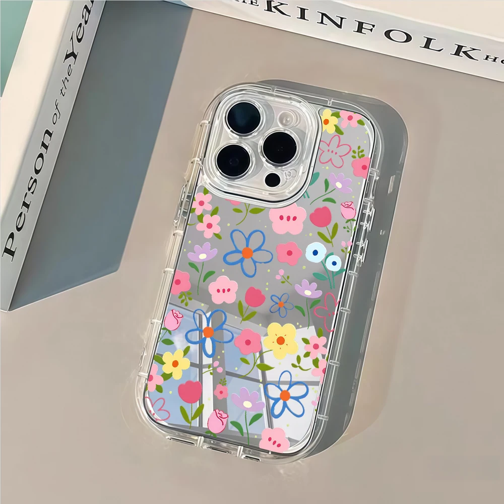 Korean Ins Style Floral Silver Mirror Phone Case For iPhone 17 Pro Max 15 16 14 13 12 11 7 8 Plus Pro 17 Air XR X Max Soft Cover view 2