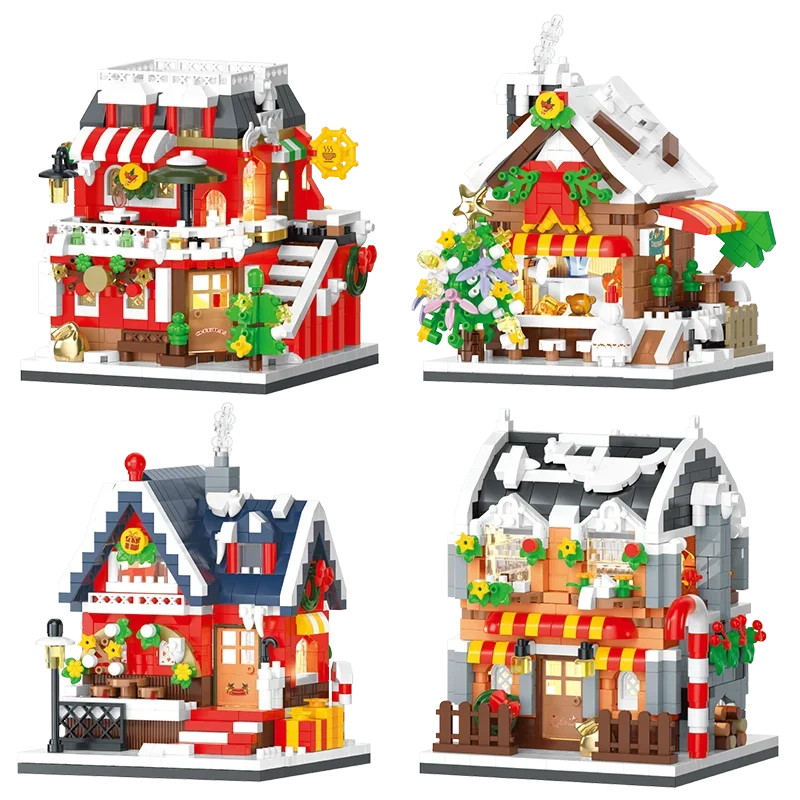 Christmas Street Scene Building Blocks Candy House Cafe Gift House Book Store Model Bricks Set Kids Chitstmas Gifts giocattoli fai da te