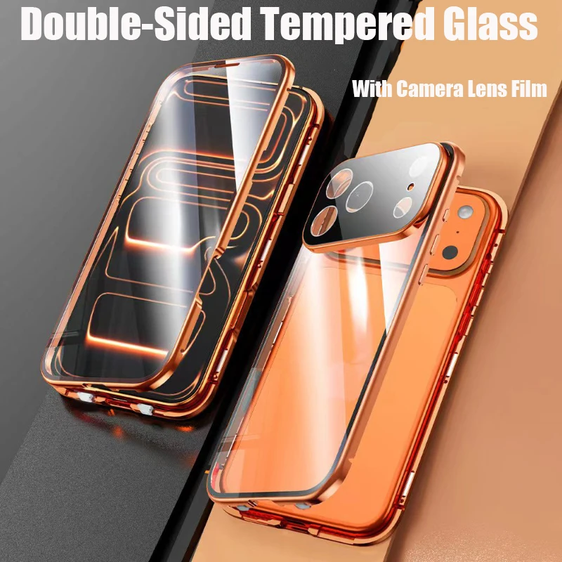 

360 Full Protection Metal Magnetic Phone Case For iPhone 17 Pro Max 17 Air 16 15 14 13 Double-Sided Glass Snap Lock Bumper Cover