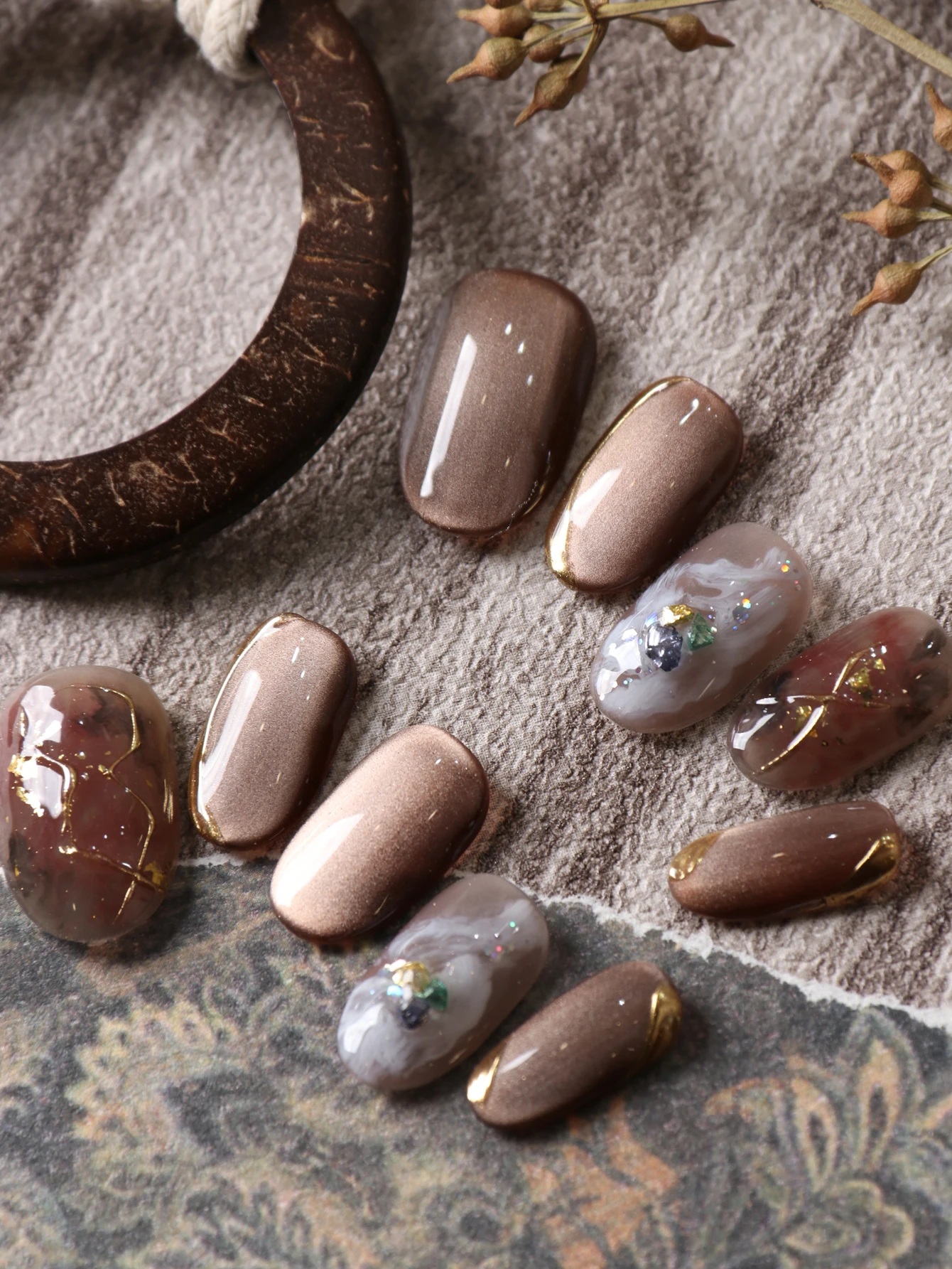 10개입 프레스온 네일, 짧은 갈색 캣츠아이 네일, 접 - Nail Adhesive Tab 리뷰 및 가격