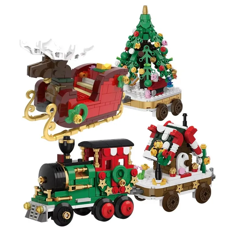City Creativity Winter Village Christmas Holiday Train Candy House Christmas Tree Model Building Blocks Bricks Kids Toys Gift