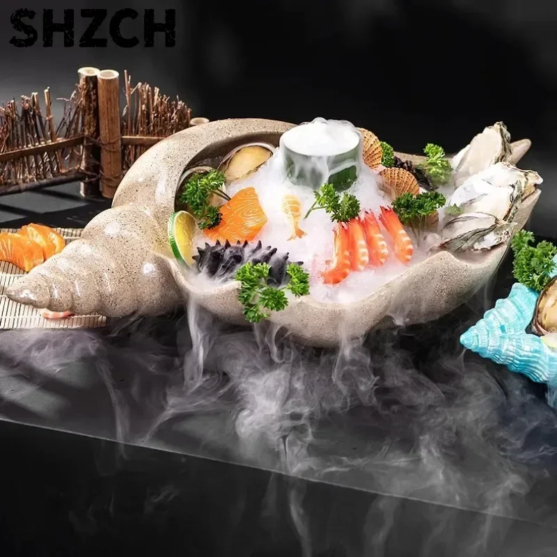 Luxury Conch Sashimi Platter with Dry Ice Tray - Non-Toxic Porcelain Serving Dish for Sushi Salmon Crudo Presentation