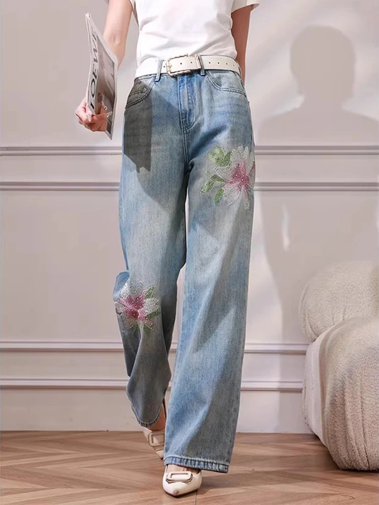 

Винтажные джинсы с высокой талией и вышивкой из бисера в стиле лотоса для женщин, летние драпированные повседневные широкие брюки в пол в стиле Харадзюку