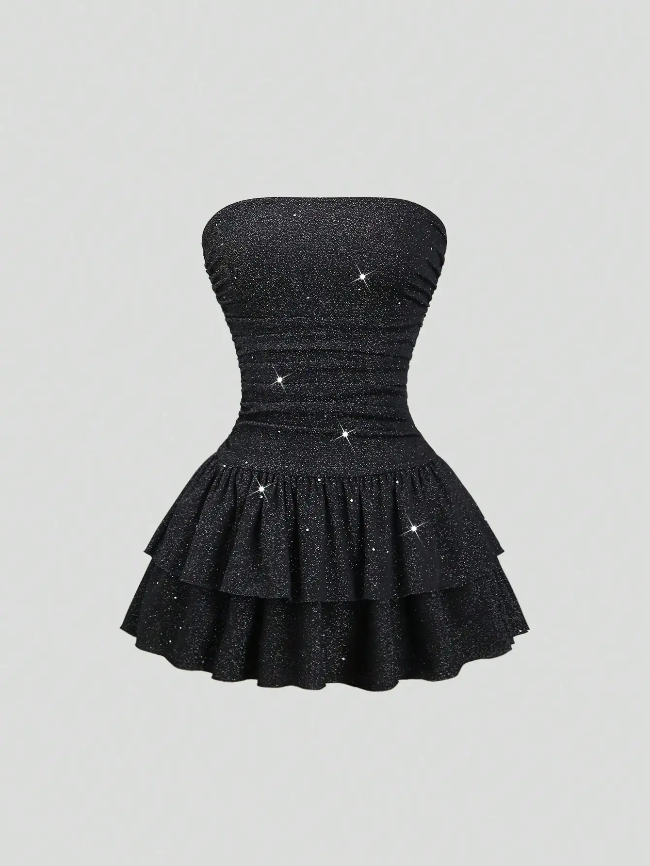 

Shiny Black Strapless Ruffle Mini Dress for Evening Parties and Casual Wear