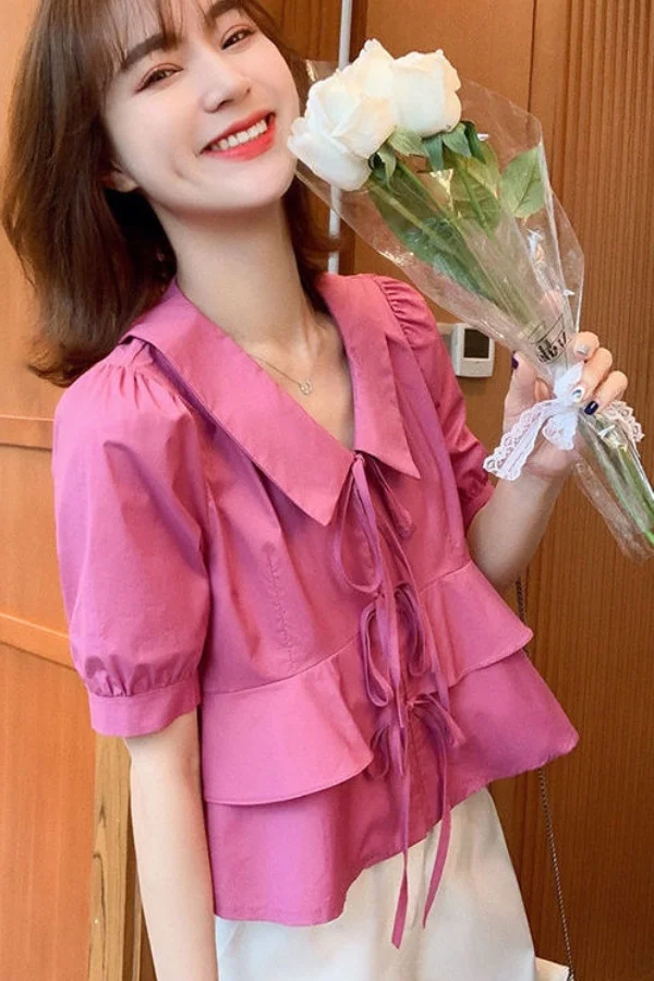 

Temperament Shirt for Women Short-sleeved Design Straps Puff Sleeves