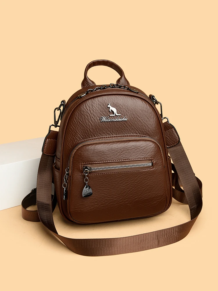 

Leather Double Shoulder Bag Casual Travel Fashion Korean Style Soft Leather Top Layer Cowhide Backpack Versatile Travel Bag