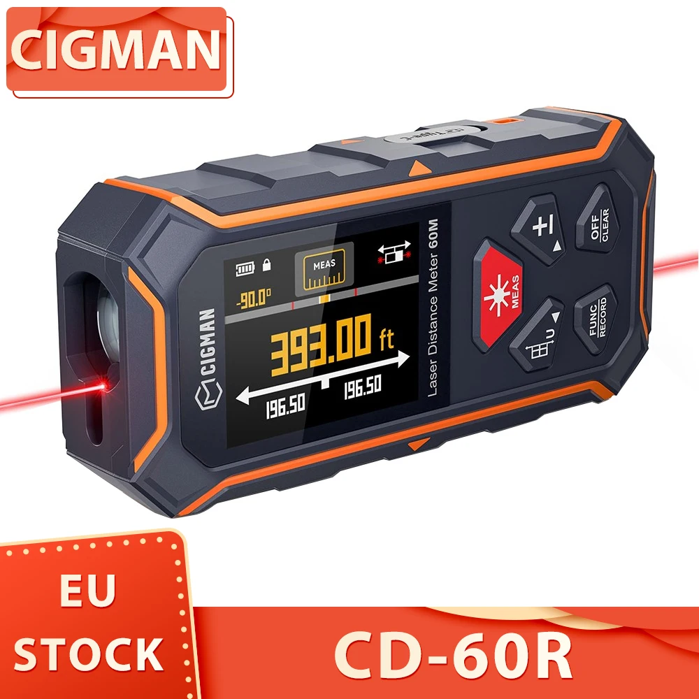 Misuratore di distanza laser digitale CIGMAN CD-60R - 393Ft/120M, raggio rosso bilaterale, precisione ±1/16, 30 memoria dati e LCD retroilluminato