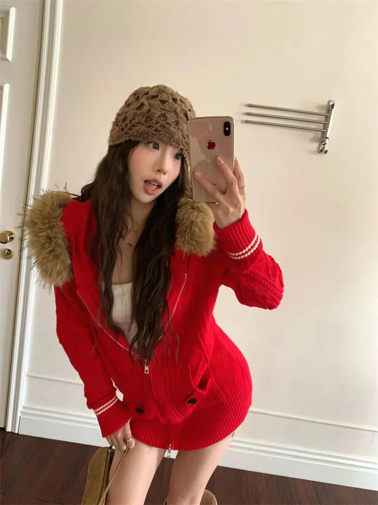 

Кардиганы-свитеры синие женские зимние модные с объемным меховым воротником в стиле Харадзюку, асимметричные, фактурные, с отворотами, однотонные, с эффектом многослойности, красивые