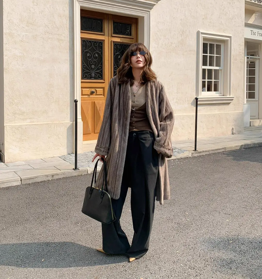 New Winter Embossing Stripes Line Pattern Faux Mink Fur Coat CHIC Women V neck Covered Buttons Long Sleeve Loose Midi Outerwear
