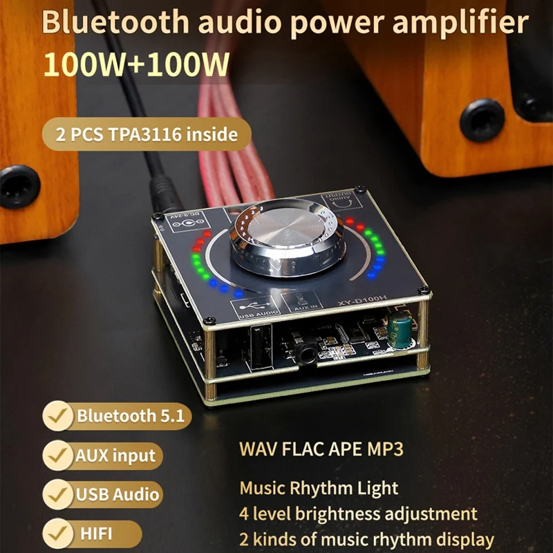 XY-D100H dc 9-24v/5a 100w + 100w amplificador de potência de áudio digital bluetooth 5.1 estéreo aux usb módulo amplificador de placa de som