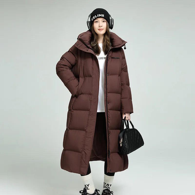 Długa, prosta kurtka puchowa dla kobiet, płaszcz zimowy do ziemi, 90% puchu kaczy, ultra ciepły, jednolity kolor, elegancki.