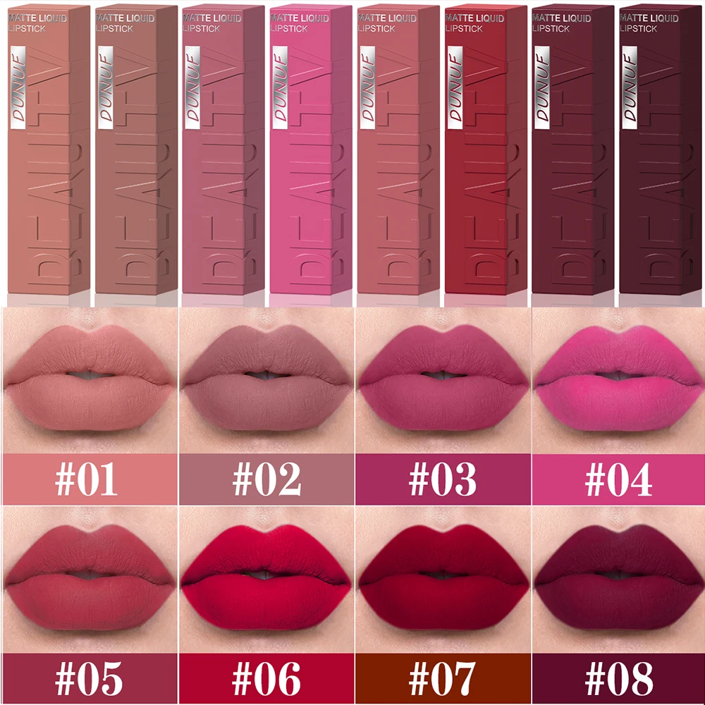 ملمع شفاه أنبوبي مربع من DUNUF مكون من 8 ألوان مخملي غير لامع وسلس وسهل الاستخدام ومقاوم للماء وأحمر شفاه ممتلئ ثلاثي الأبعاد