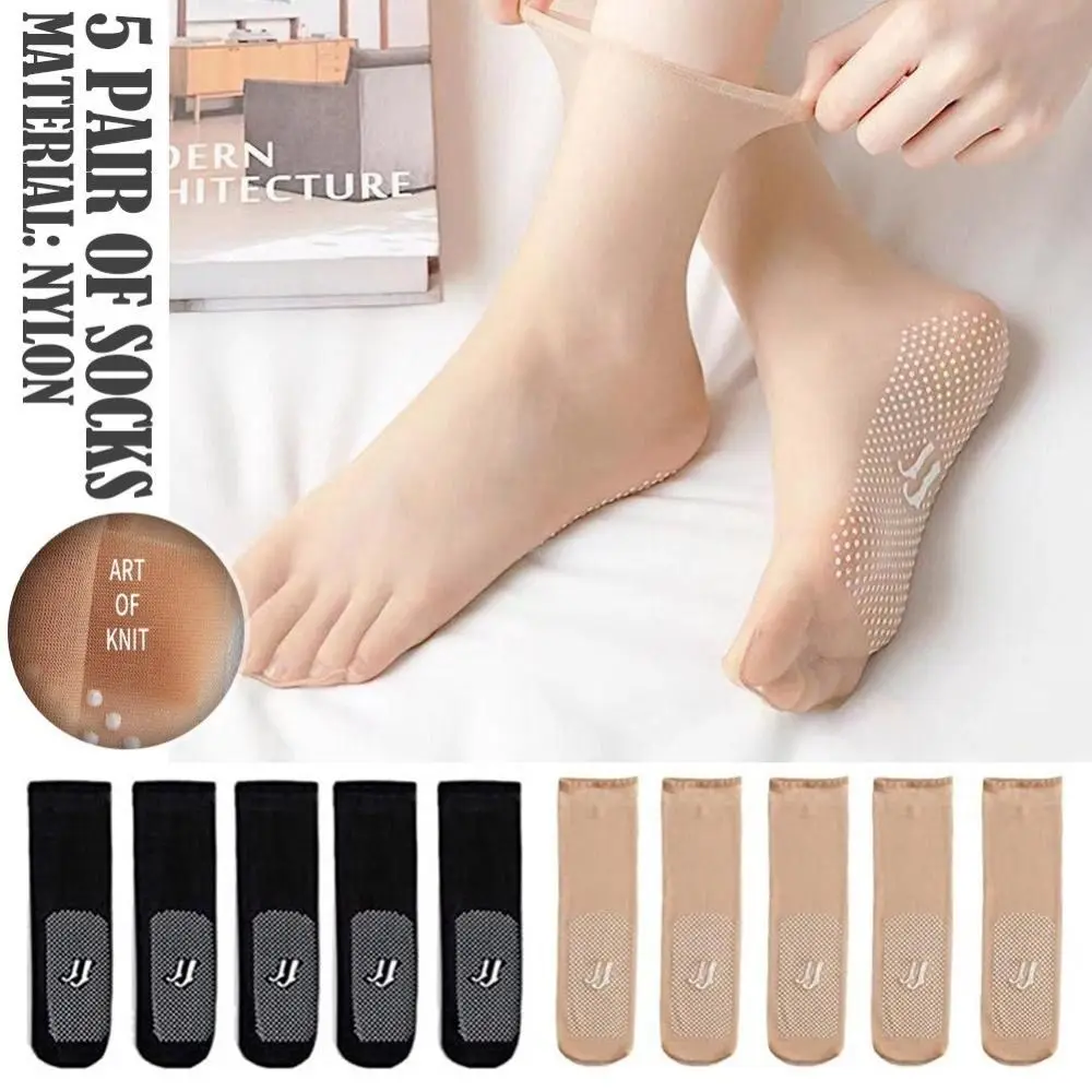 

5Pair Nylons Dotted Rubber Massage Bottom Short Stockings Silk Sheer Ankle Socks Non-marking Invisible Crystal Silk Socks