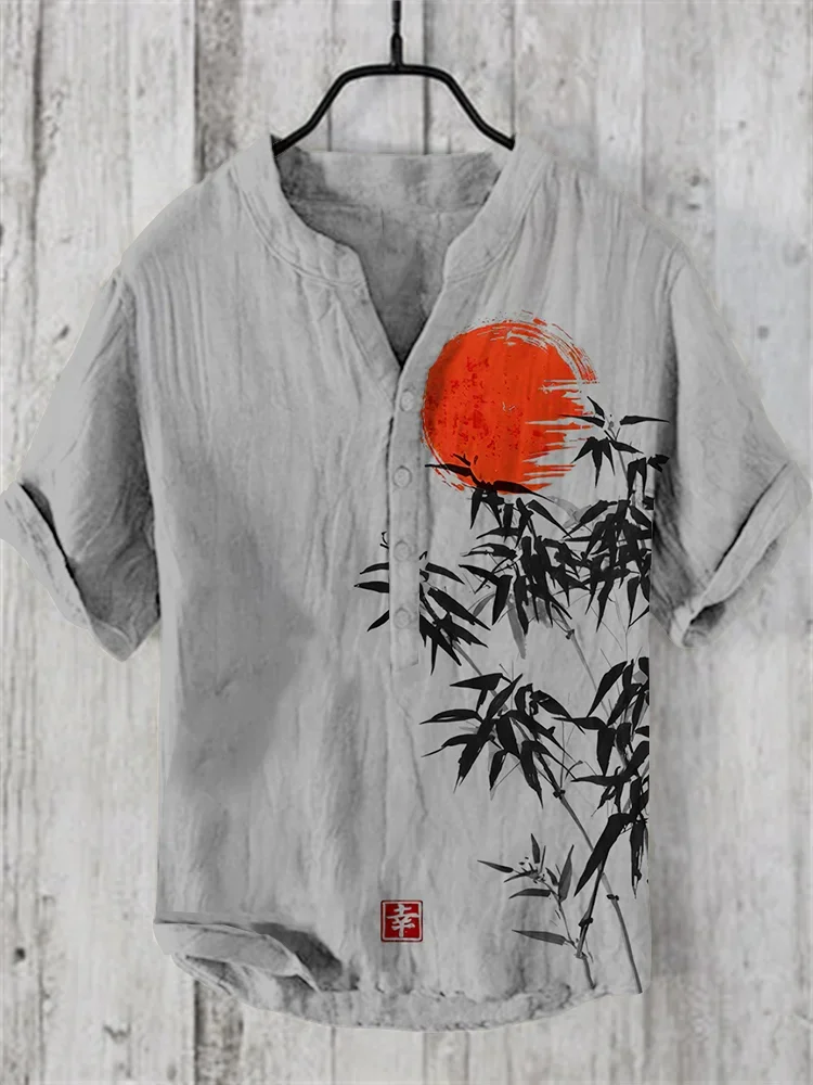Japanese Bamboo Forest And Red Sun Art Linen Casual Shirt Men Clothings Fashion V-neck Short Sleeve Retro Tops Tunics Harajuku