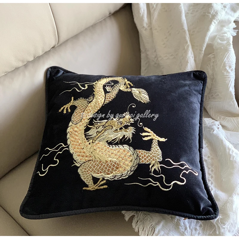 GUVINCI Luxury Embroidered Golden Dragon Square Cushion Cover Chinese Traditional Workmanship Art Throw Pillow Case for Couch