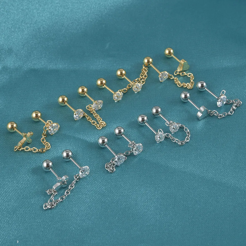 أقراط سلسلة صغيرة مرصعة بأحجار زركونيا مزدوجة ، سلسلة متدلية ، فولاذ جراحي ، هدية لها