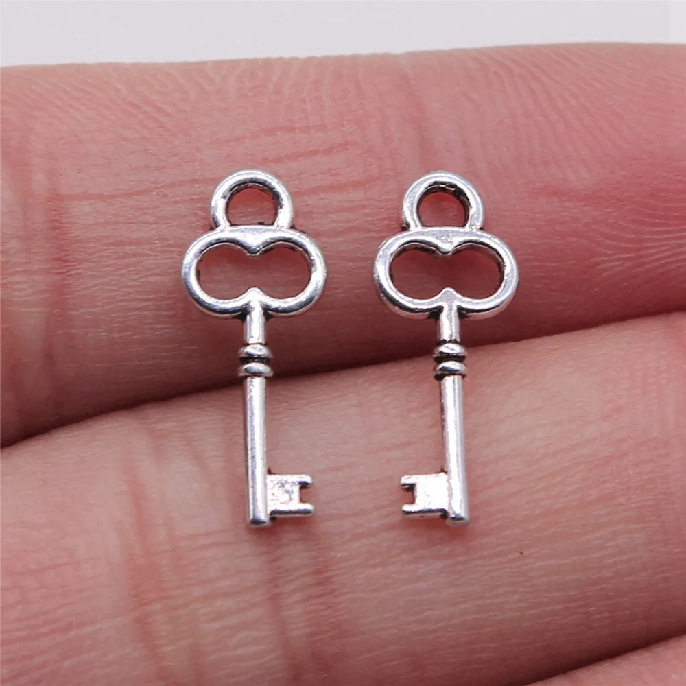 40pcs/lot 7x17mm Key Charms For Jewelry Making Antique Silver Color 0.28x0.67inch