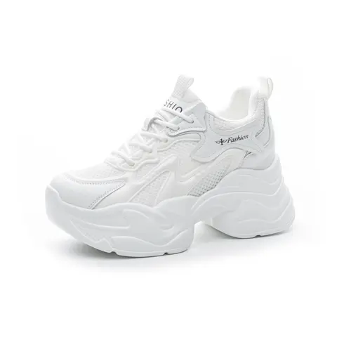 Womens All White Mesh Chunky Platform Sneakers Lace Up Breathable Height Increasing Casual Daily Walking Shoes Internal Increase