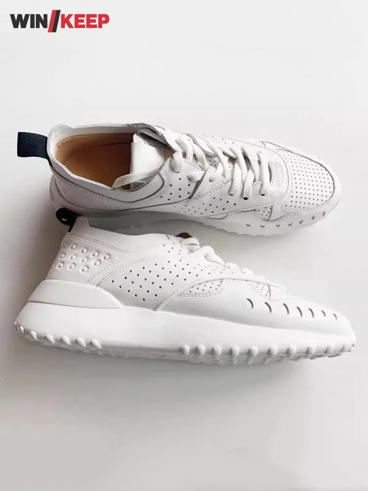 Women Running Shoes Lace Up Thick Bottom Walking Sport Shoes Breathable Design Female Jogging Trainers Genuine Leather Sneakers