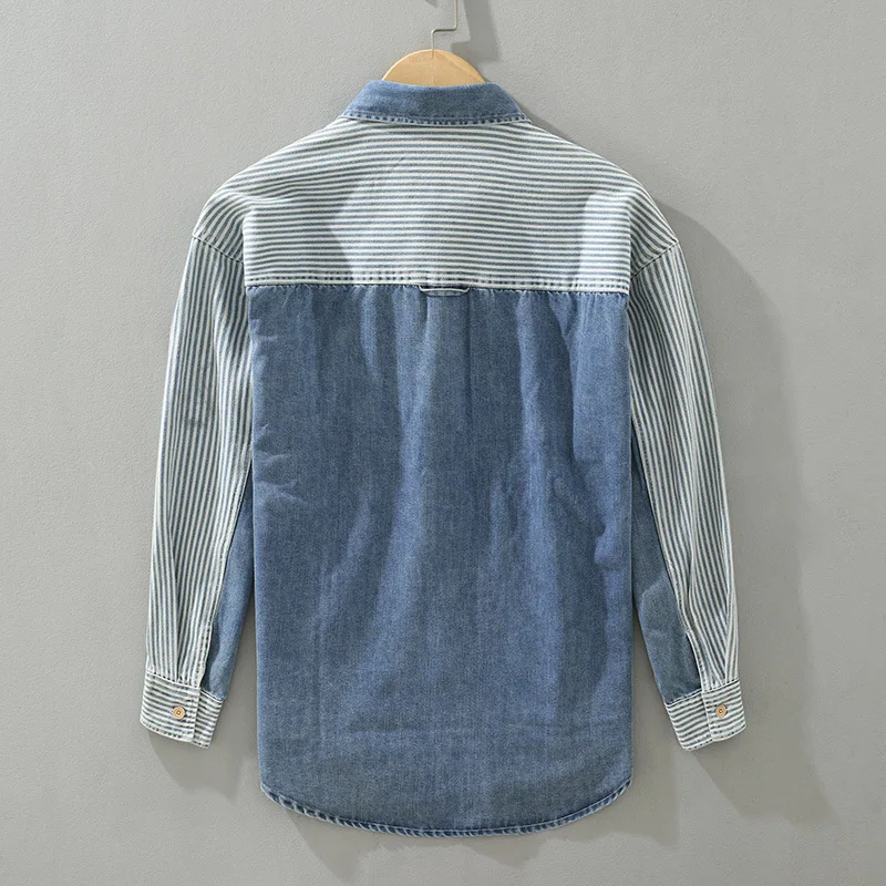 spring autumn American casual fashion brand top loose vertical stripe patchwork denim long sleeve shirt for men high street wear